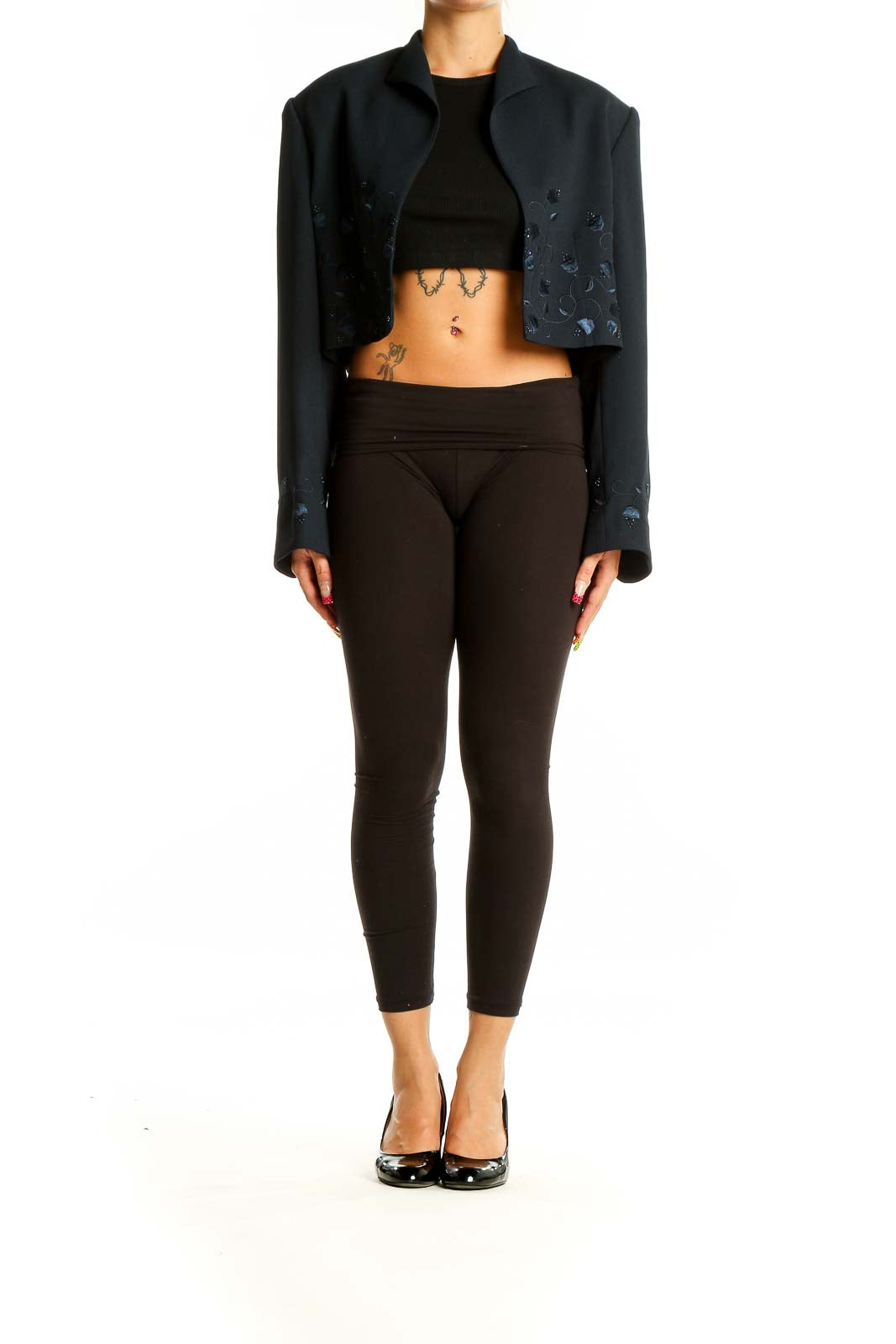 Front view of Adrianna Papell black embellished cropped jacket