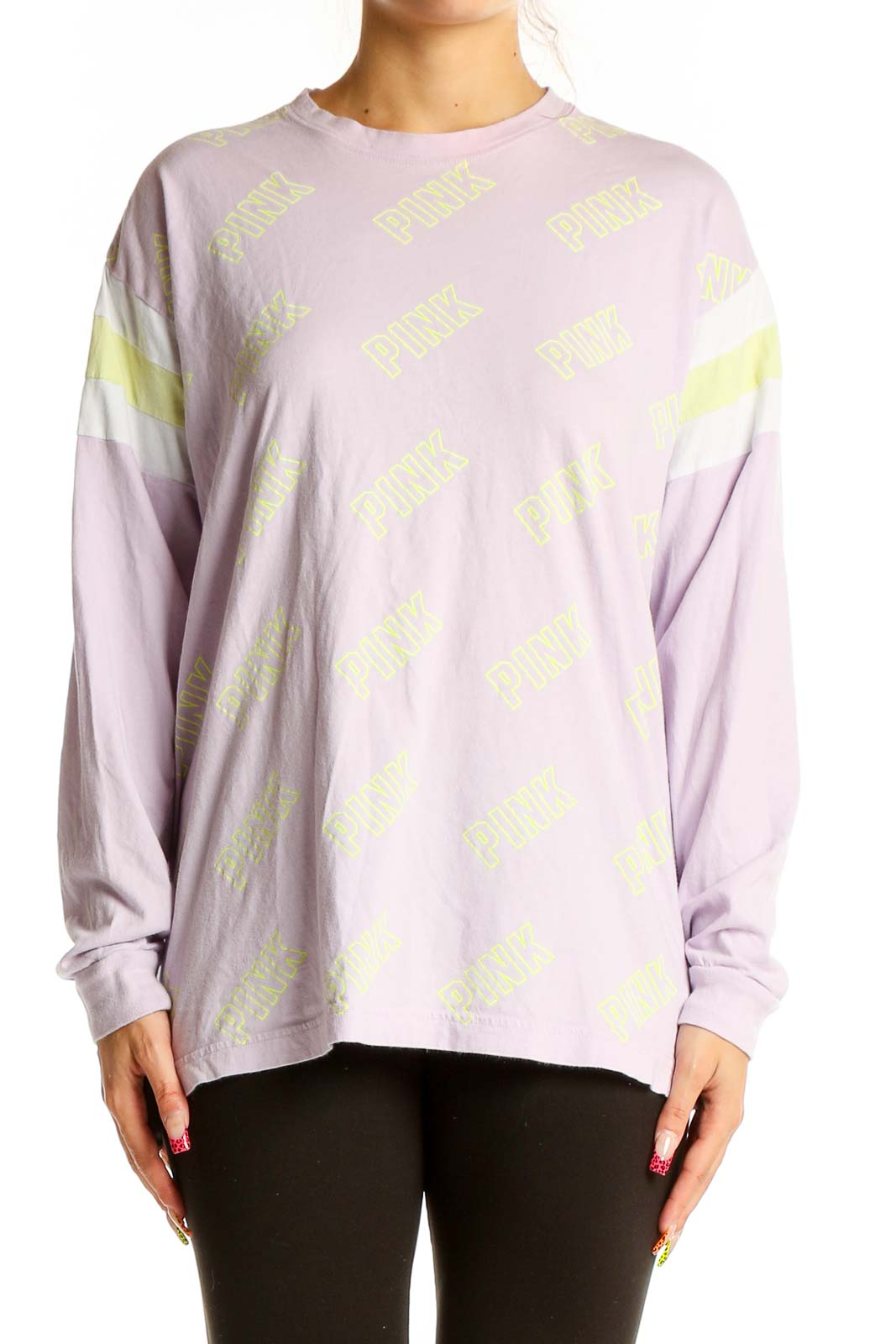 Front view of Pink Victoria's Secret lavender long sleeve tee with yellow logo print