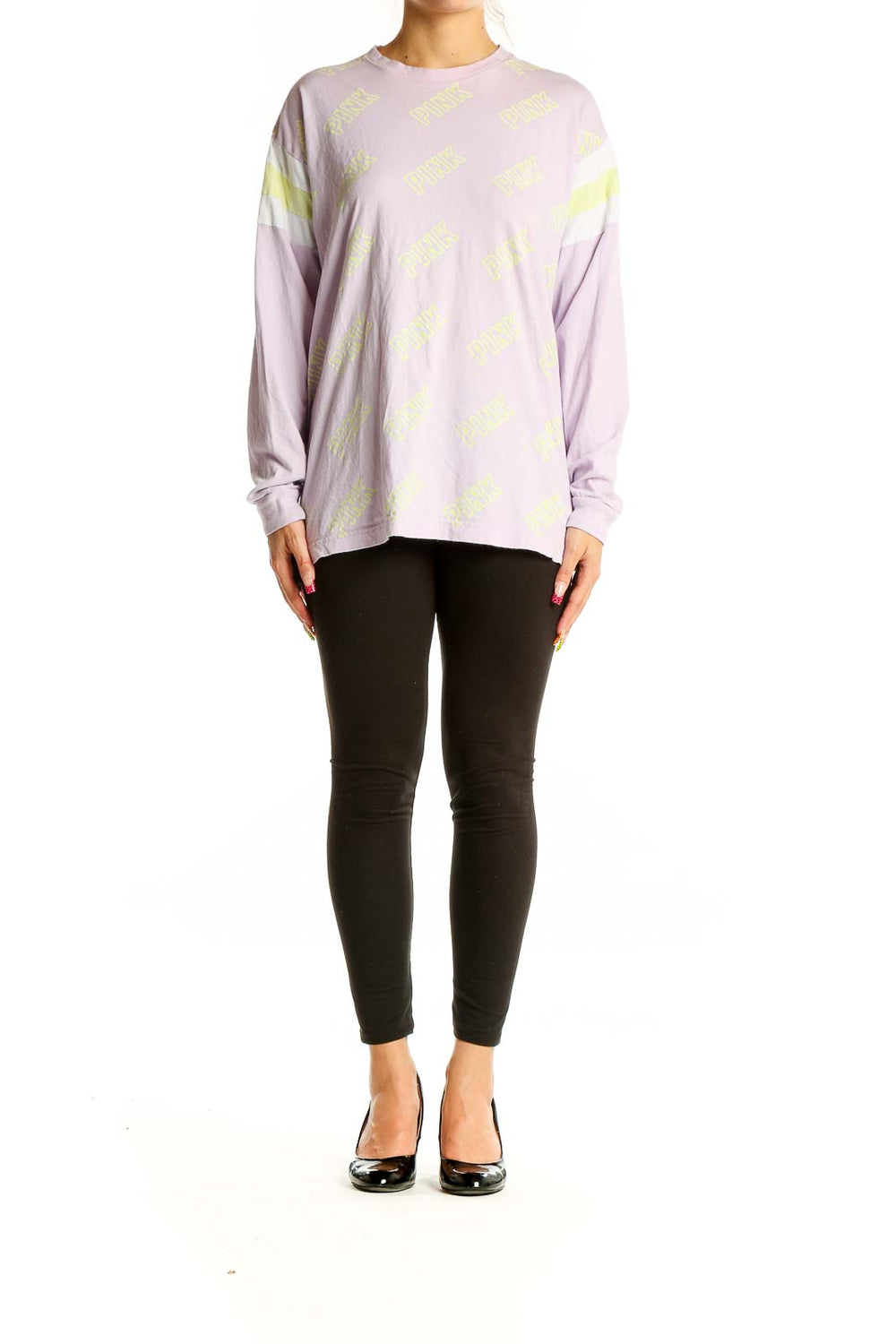 Front view of Pink Victoria's Secret lavender long sleeve tee with yellow logo print