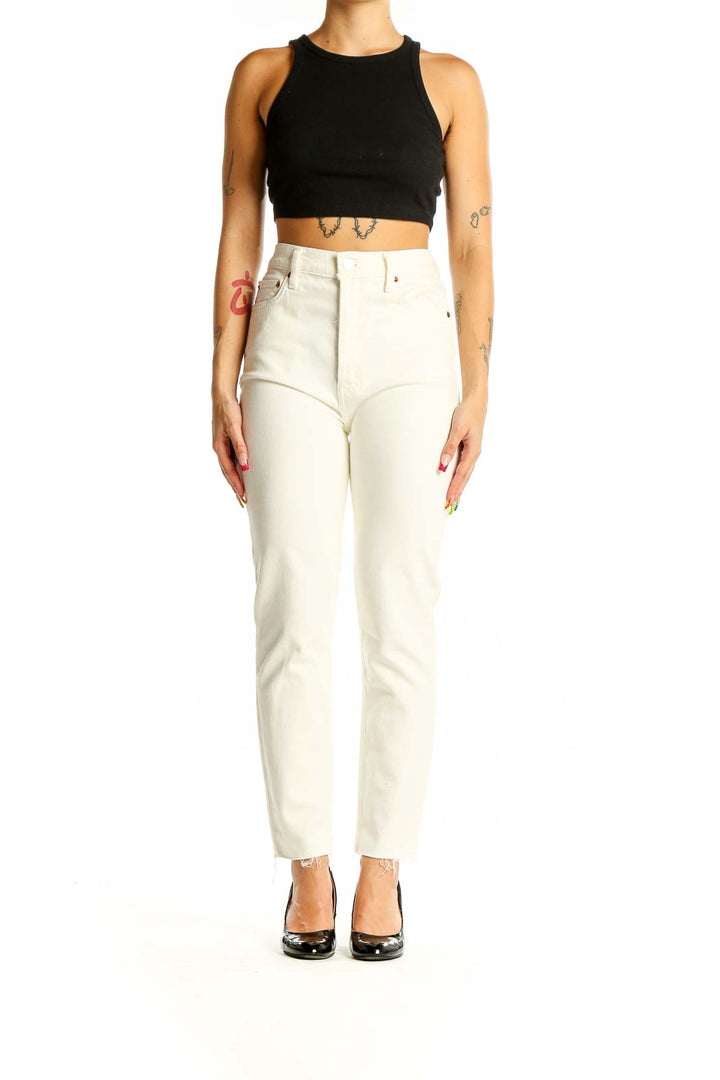 Front view of RE/DONE cream high-waisted straight leg jeans