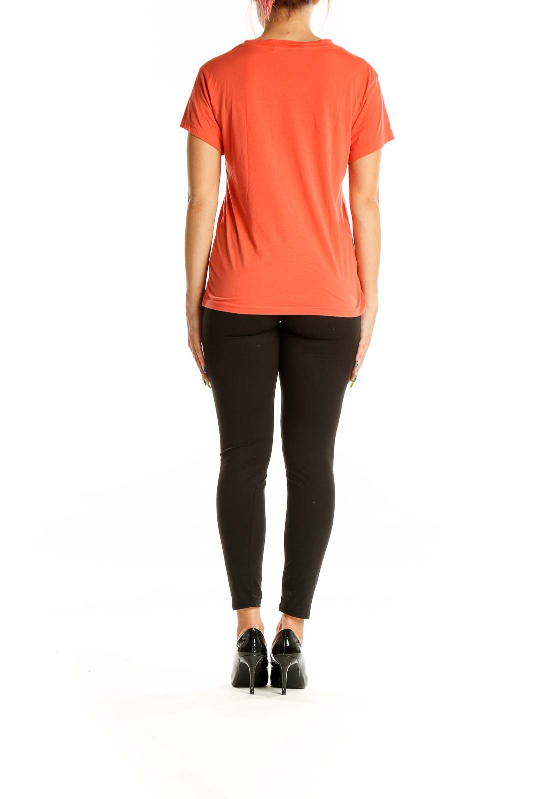 Back view of orange Anthropologie t-shirt showing plain design