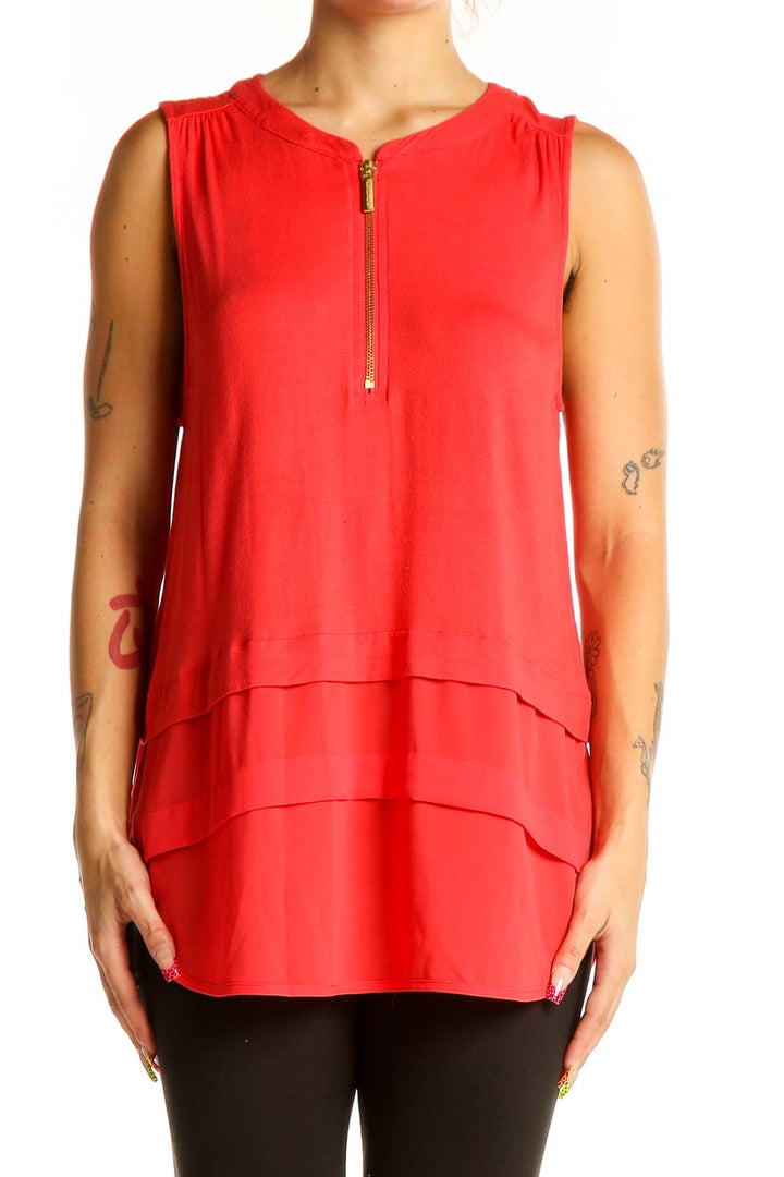 Front view of red sleeveless layered top by MICHAEL Michael Kors with zip-front closure