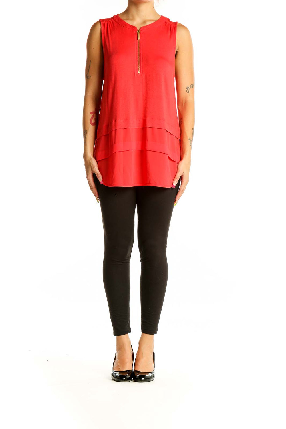 Front view of red sleeveless layered top by MICHAEL Michael Kors with zip-front closure