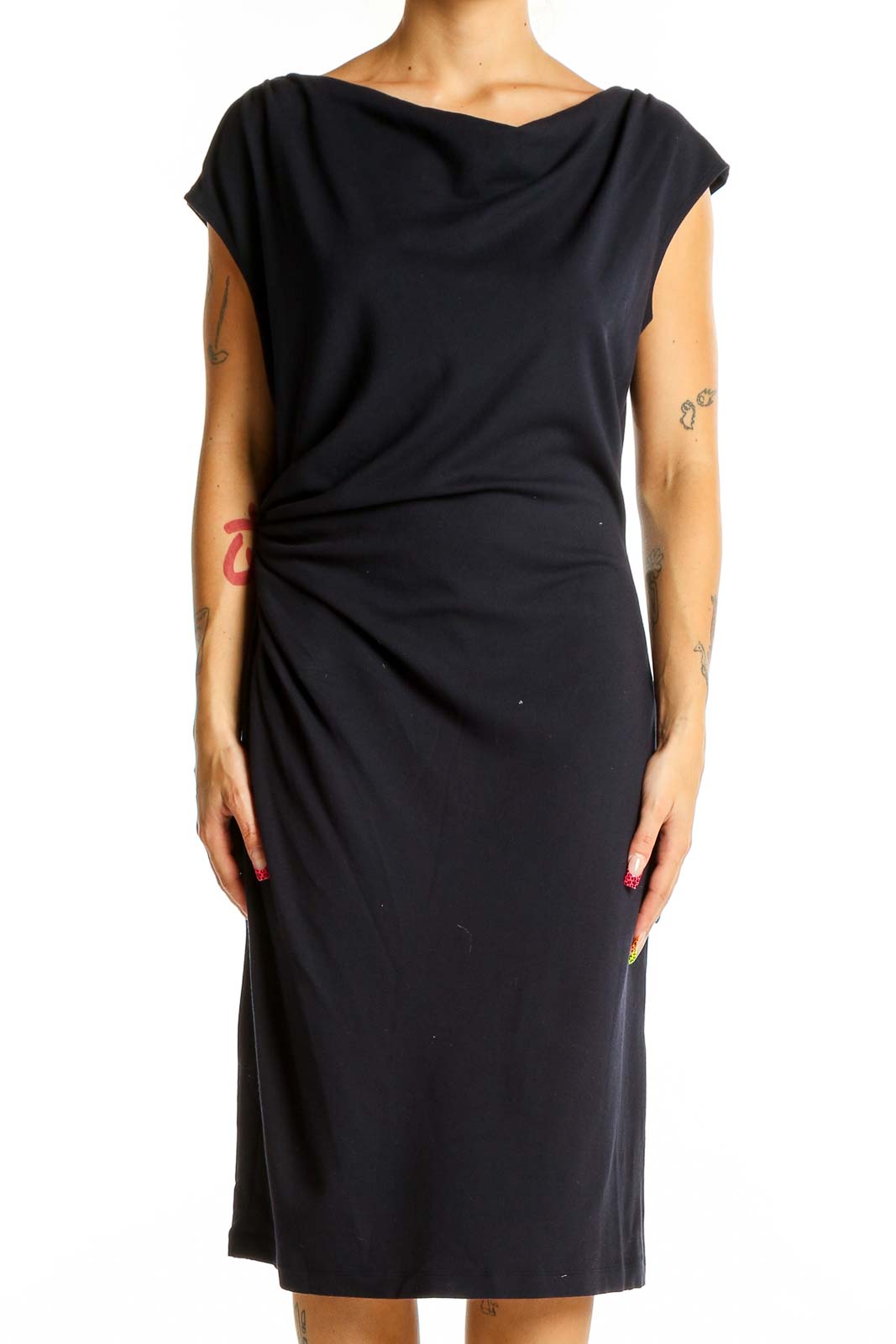 Front view of Lafayette 148 New York black midi dress with draped neckline