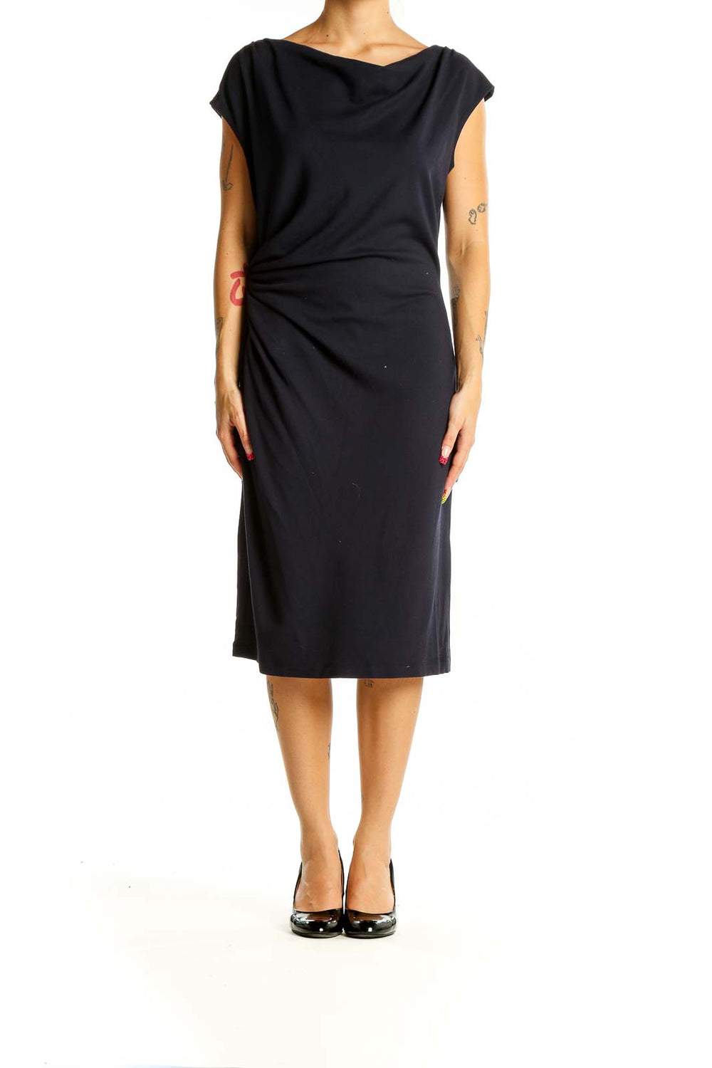 Front view of Lafayette 148 New York black midi dress with draped neckline