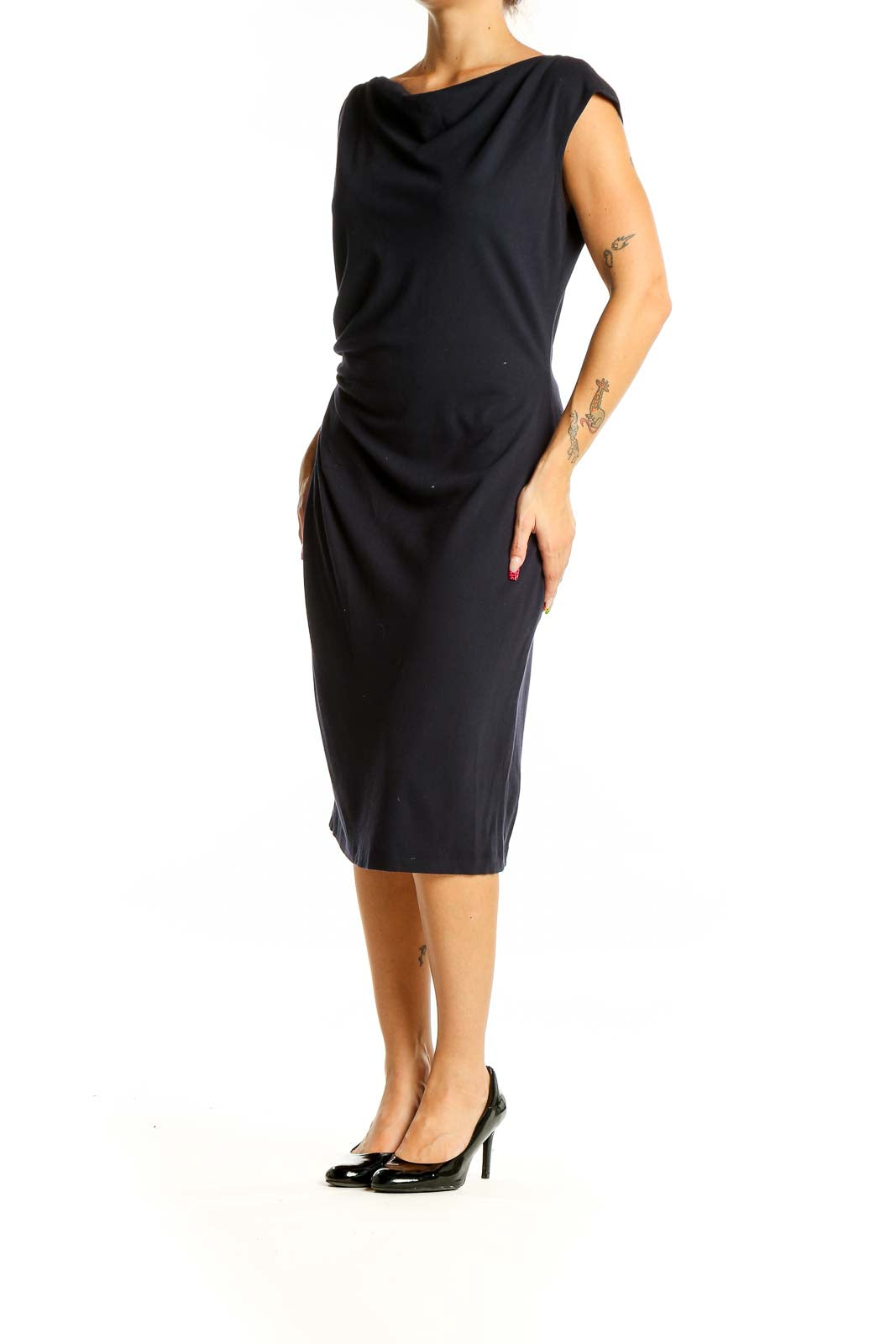 Front view of Lafayette 148 New York black midi dress with draped neckline