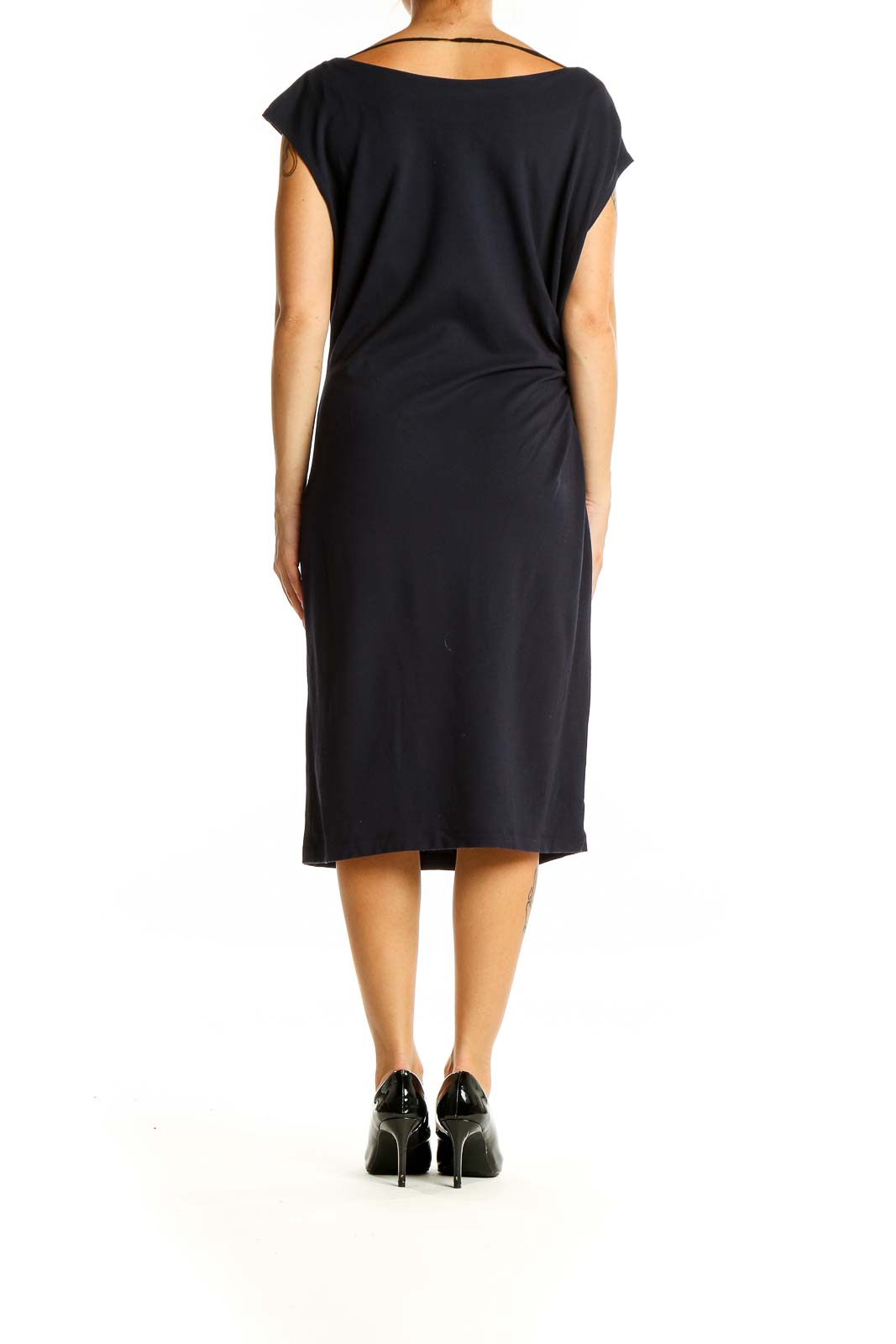 Back view of Lafayette 148 New York black midi dress showing sleek silhouette