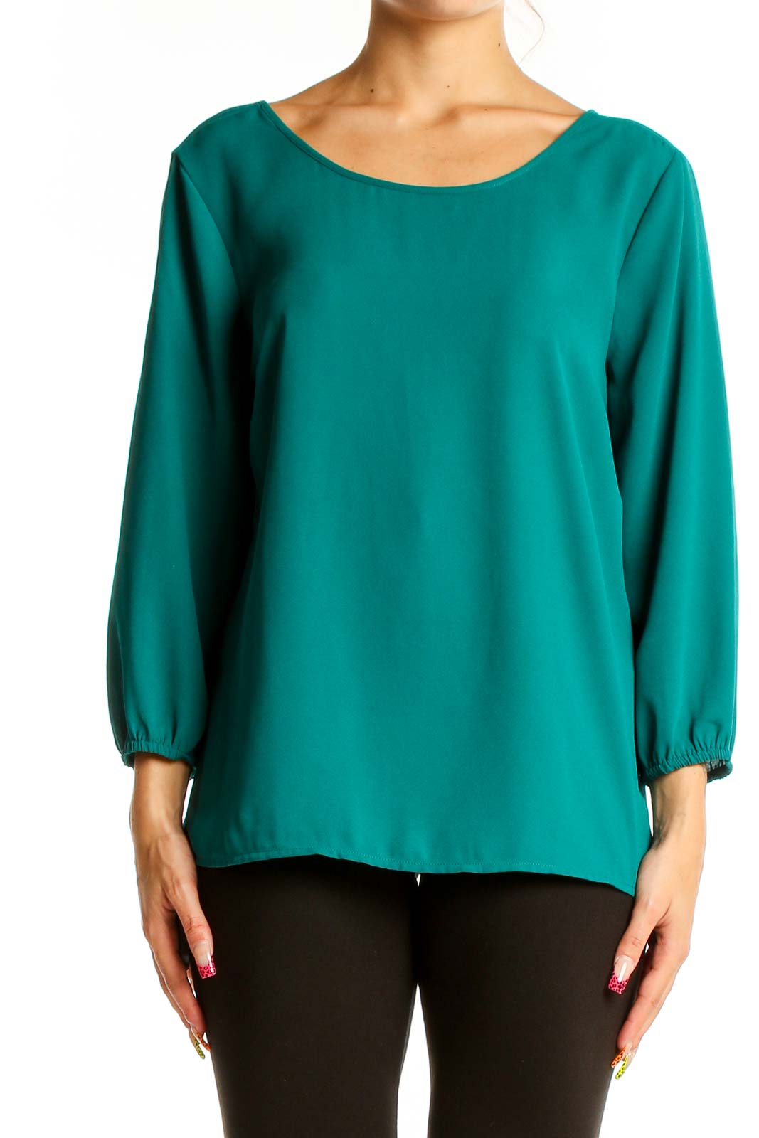 Front view of teal long sleeve blouse with scoop neckline