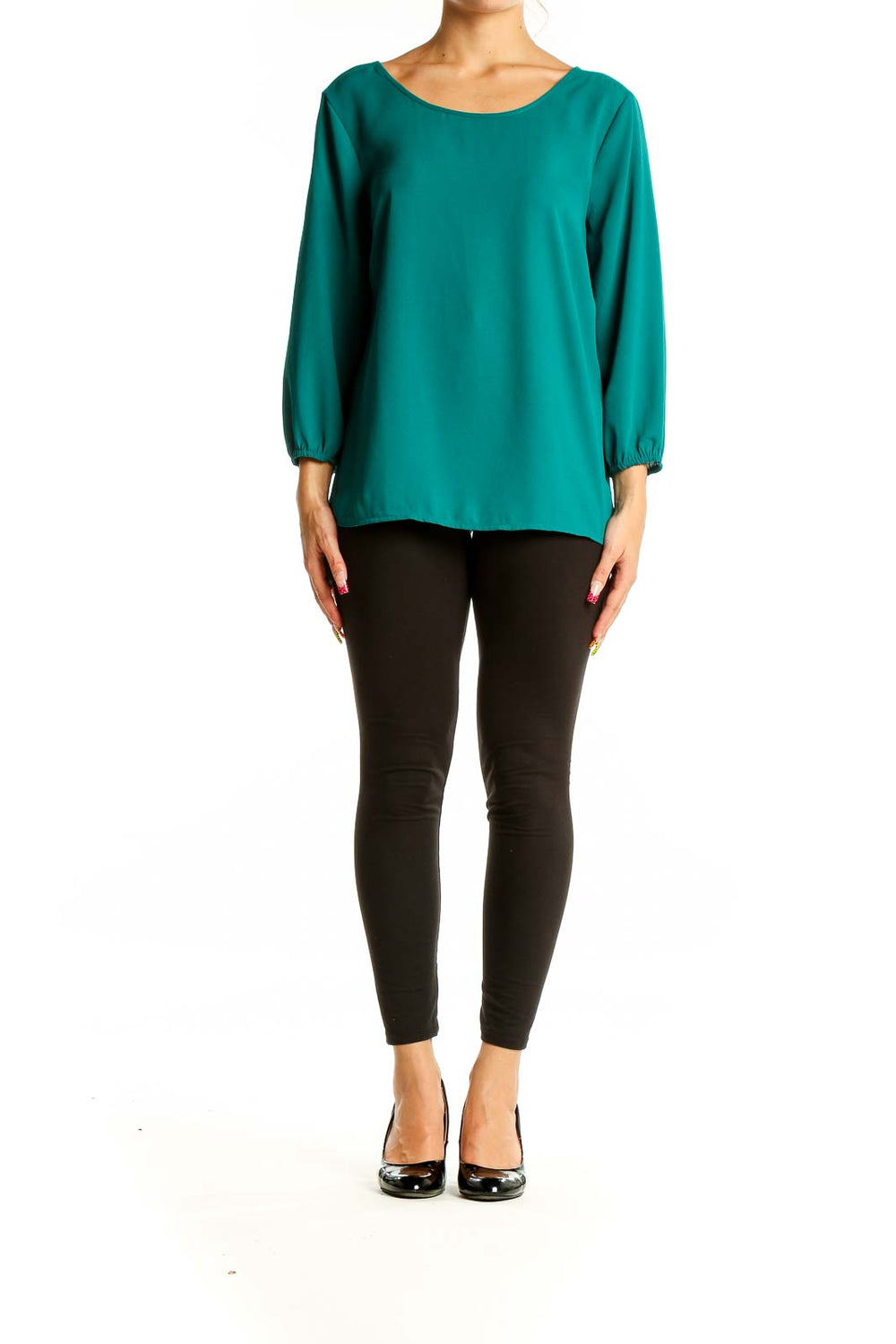 Front view of teal long sleeve blouse with scoop neckline