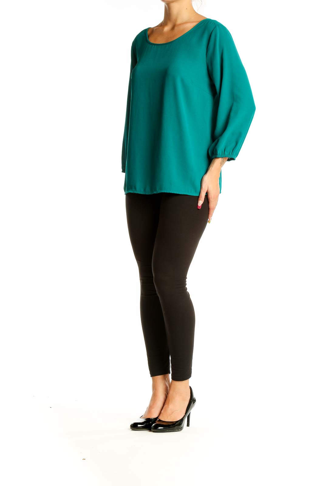 Front view of teal long sleeve blouse with scoop neckline