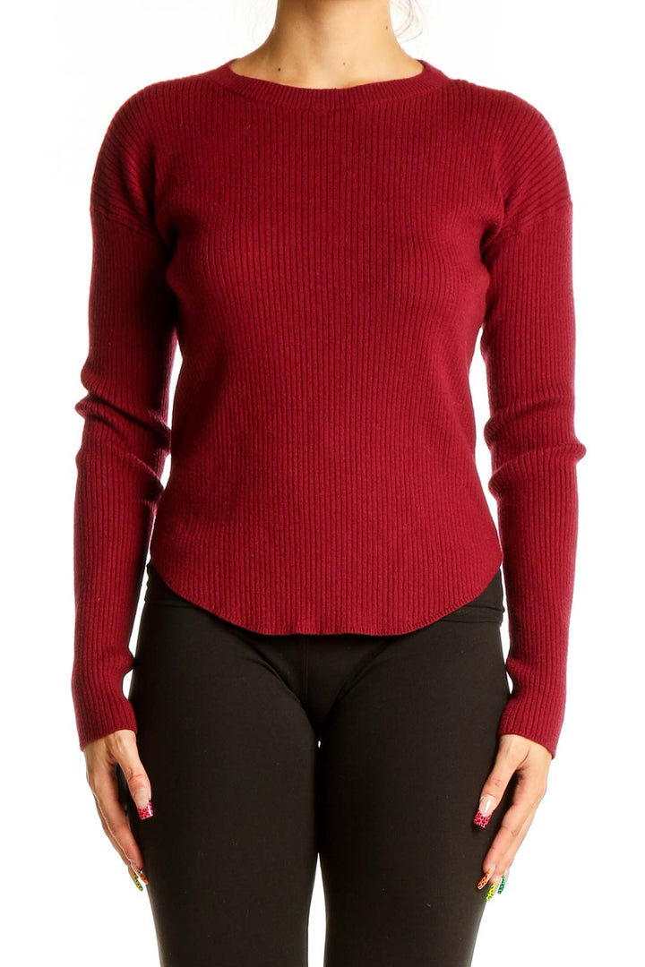 Front view of red ribbed knit sweater from Express