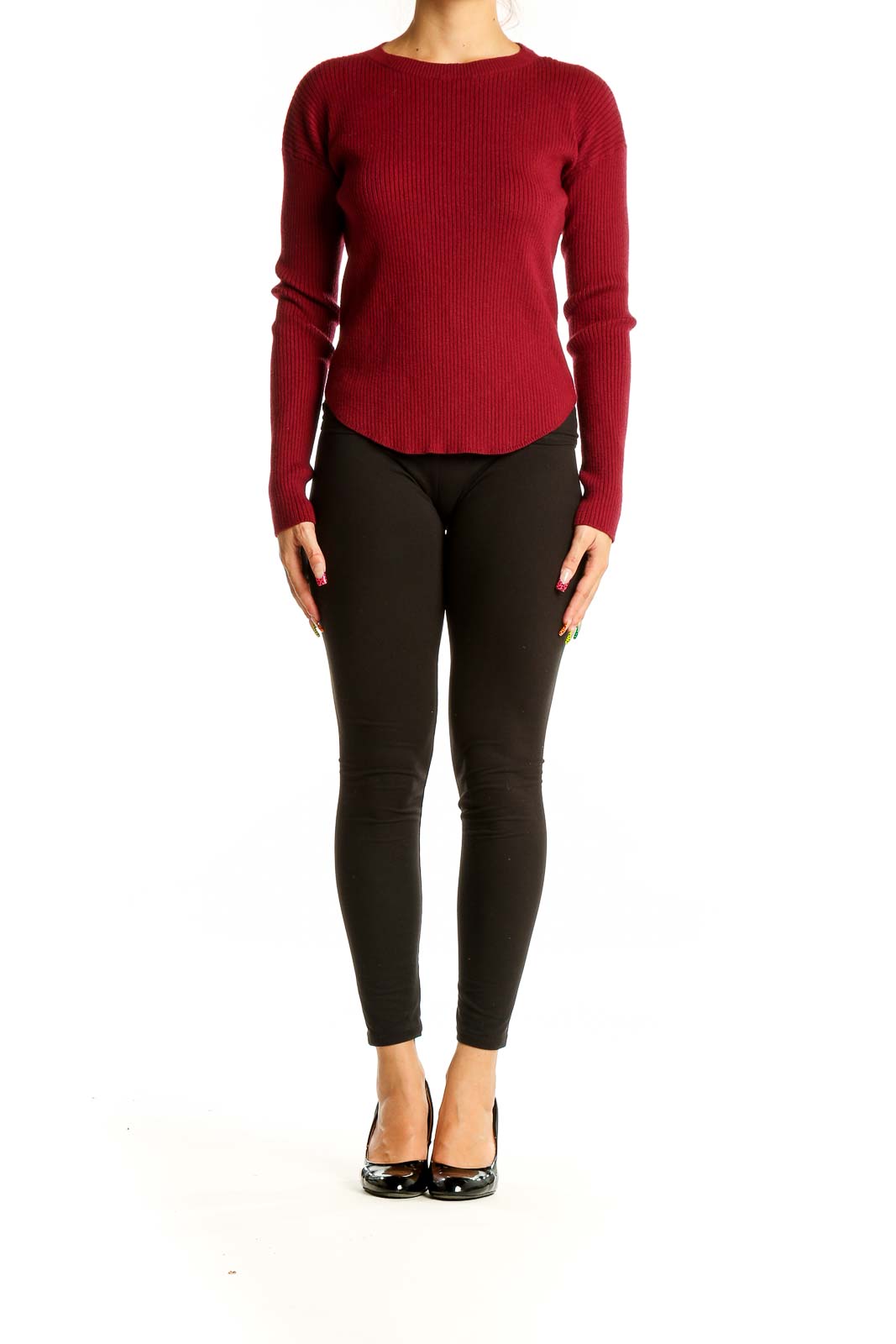 Front view of red ribbed knit sweater from Express