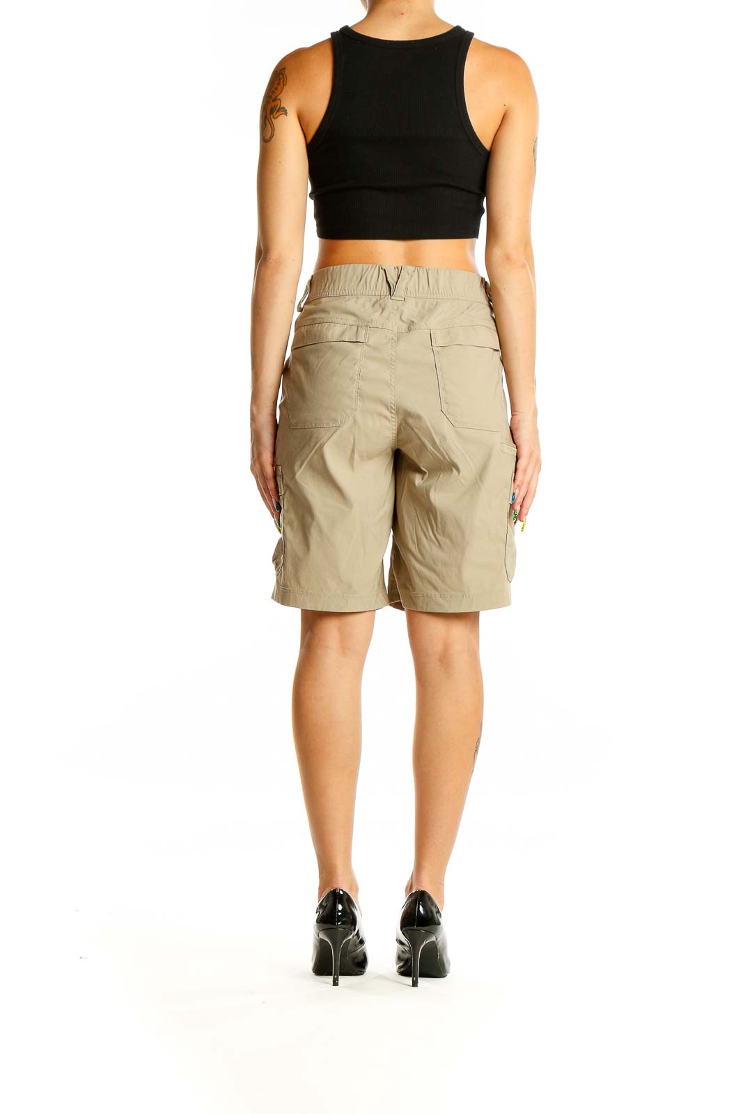 Back view of khaki cargo Bermuda shorts from Duluth Trading Co