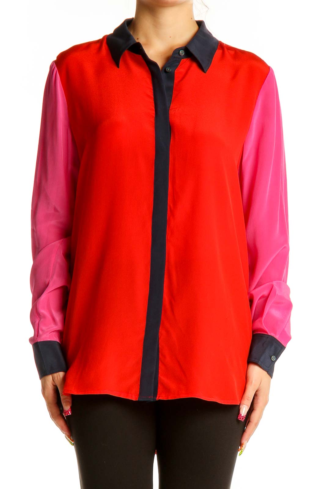 Front view of Boden red and pink color-block silk blouse with navy collar