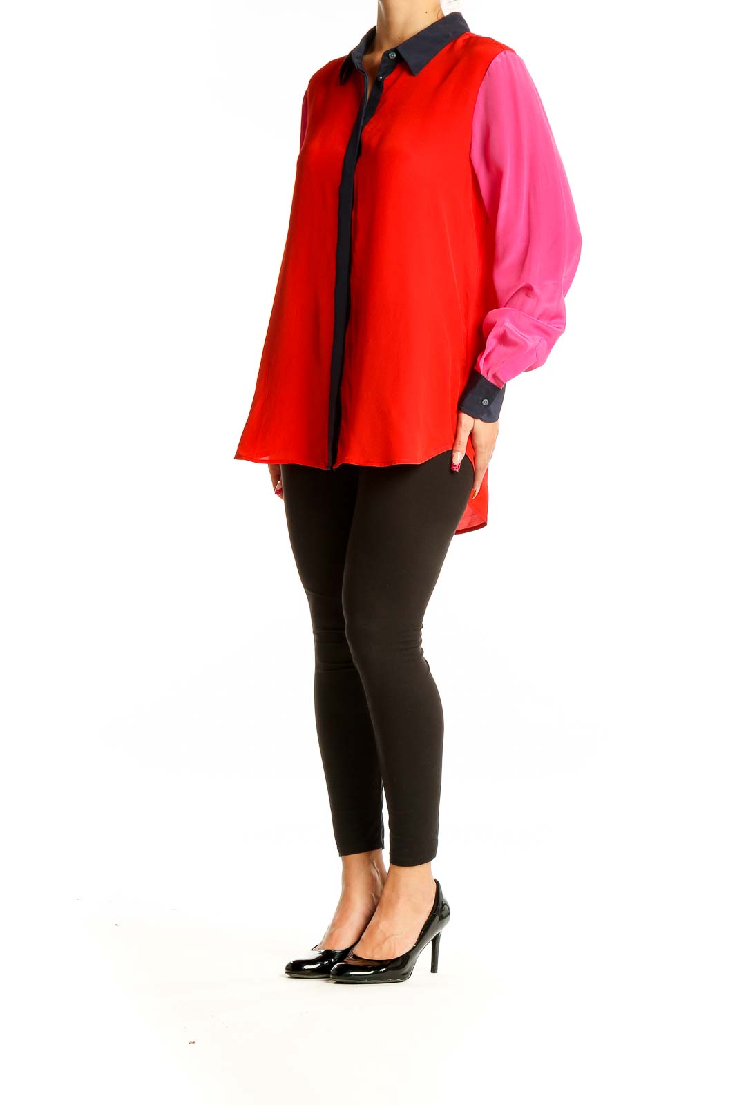 Front view of Boden red and pink color-block silk blouse with navy collar