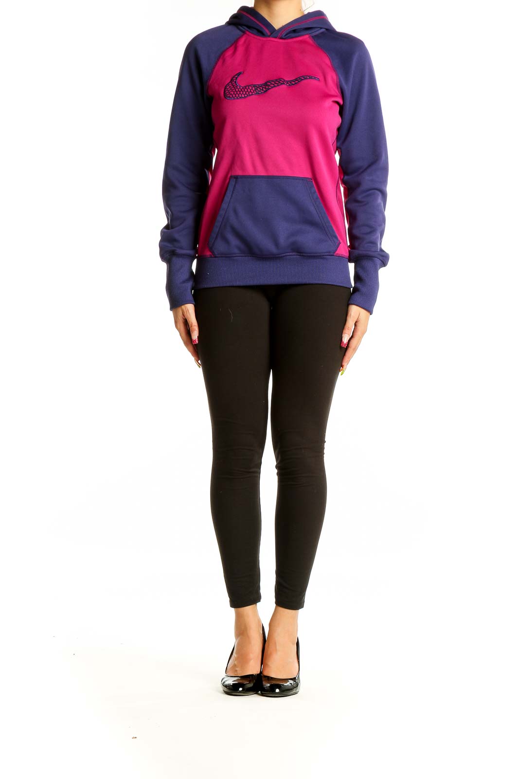 Front view of pink and navy Nike colorblock hooded sweatshirt with large swoosh logo