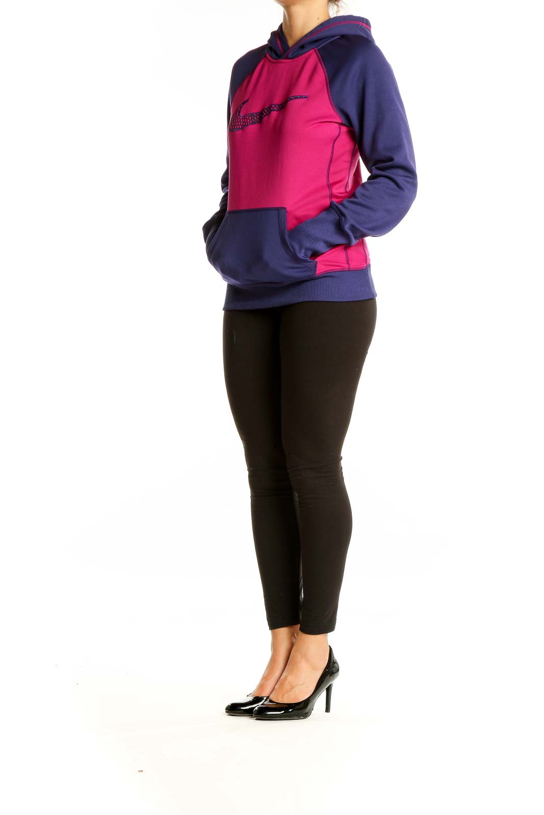 Front view of pink and navy Nike colorblock hooded sweatshirt with large swoosh logo