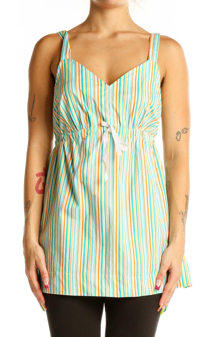 Front view of MOTHERHOOD mint striped maternity tank top with sweetheart neckline