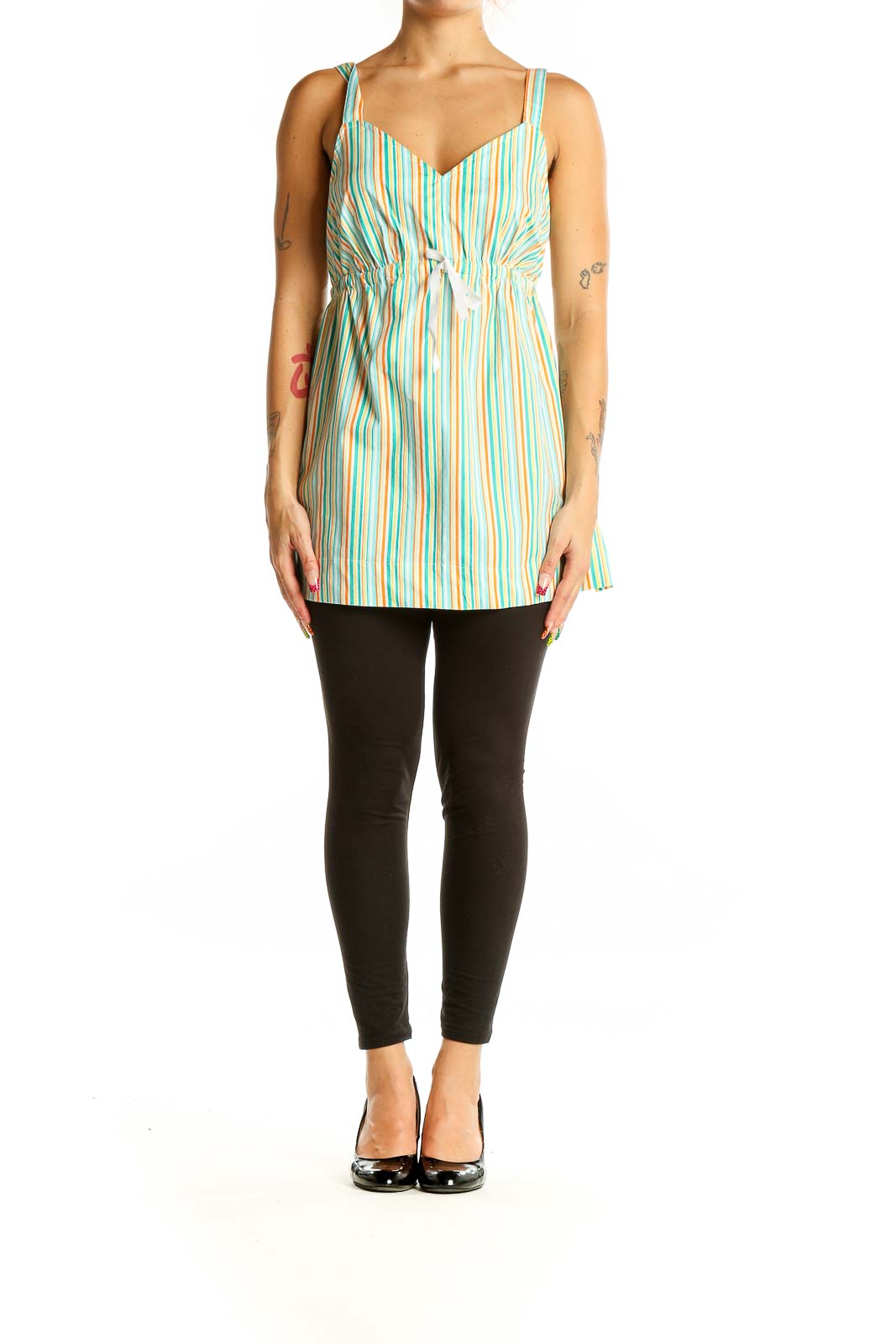 Front view of MOTHERHOOD mint striped maternity tank top with sweetheart neckline