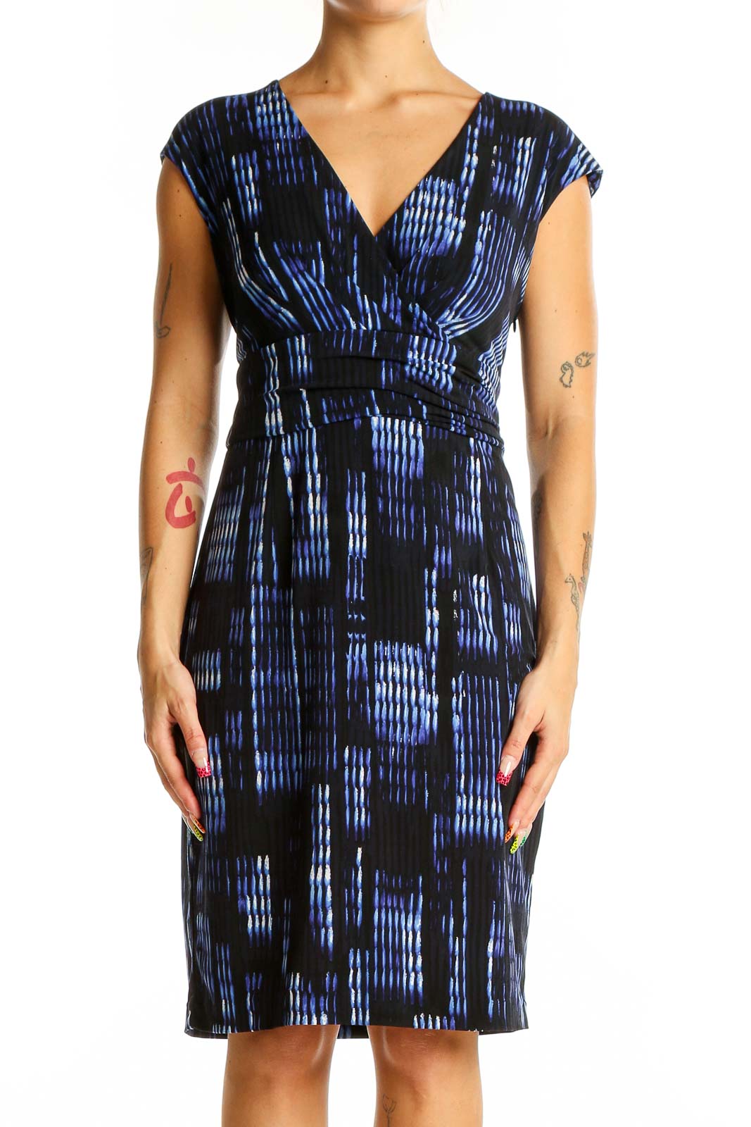 Front view of Calvin Klein blue and black abstract print sheath dress with V-neckline