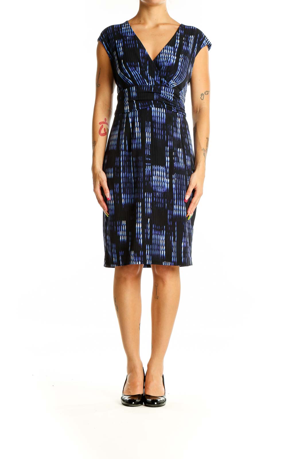 Front view of Calvin Klein blue and black abstract print sheath dress with V-neckline