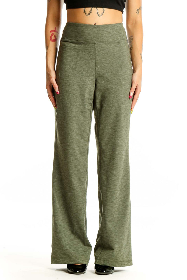 Front view of olive wide-leg activewear pants from Duluth Trading Co