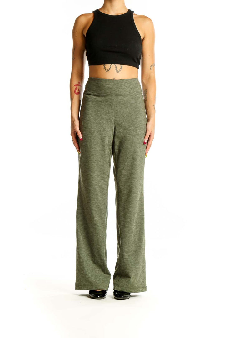 Front view of olive wide-leg activewear pants from Duluth Trading Co