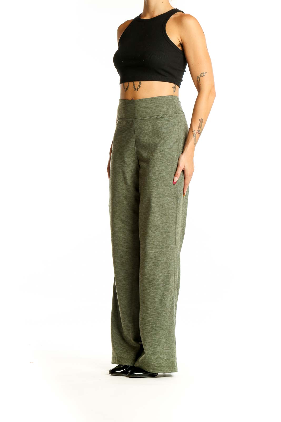 Front view of olive wide-leg activewear pants from Duluth Trading Co