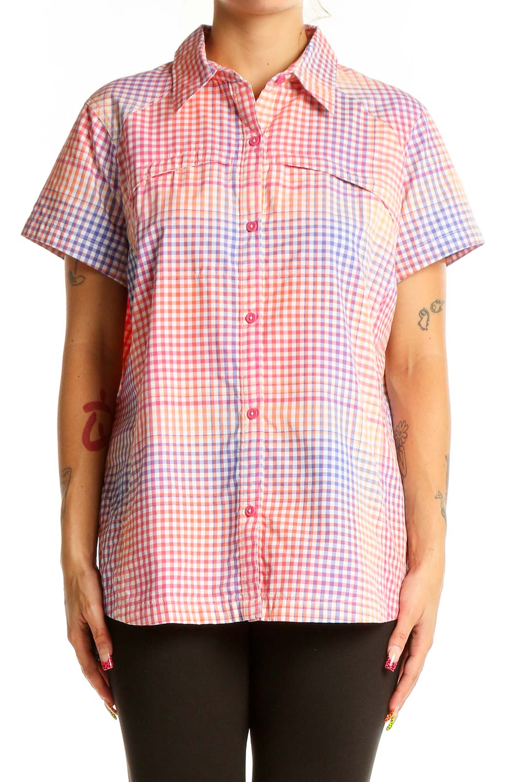 Front view of Columbia multicolor gingham short-sleeve button-up shirt