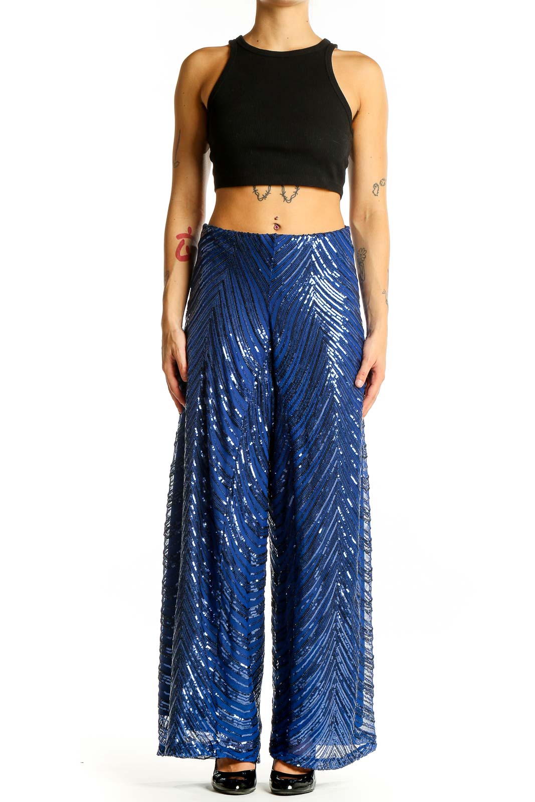 Front view of Eloquii blue sequin wide-leg palazzo pants with chevron pattern