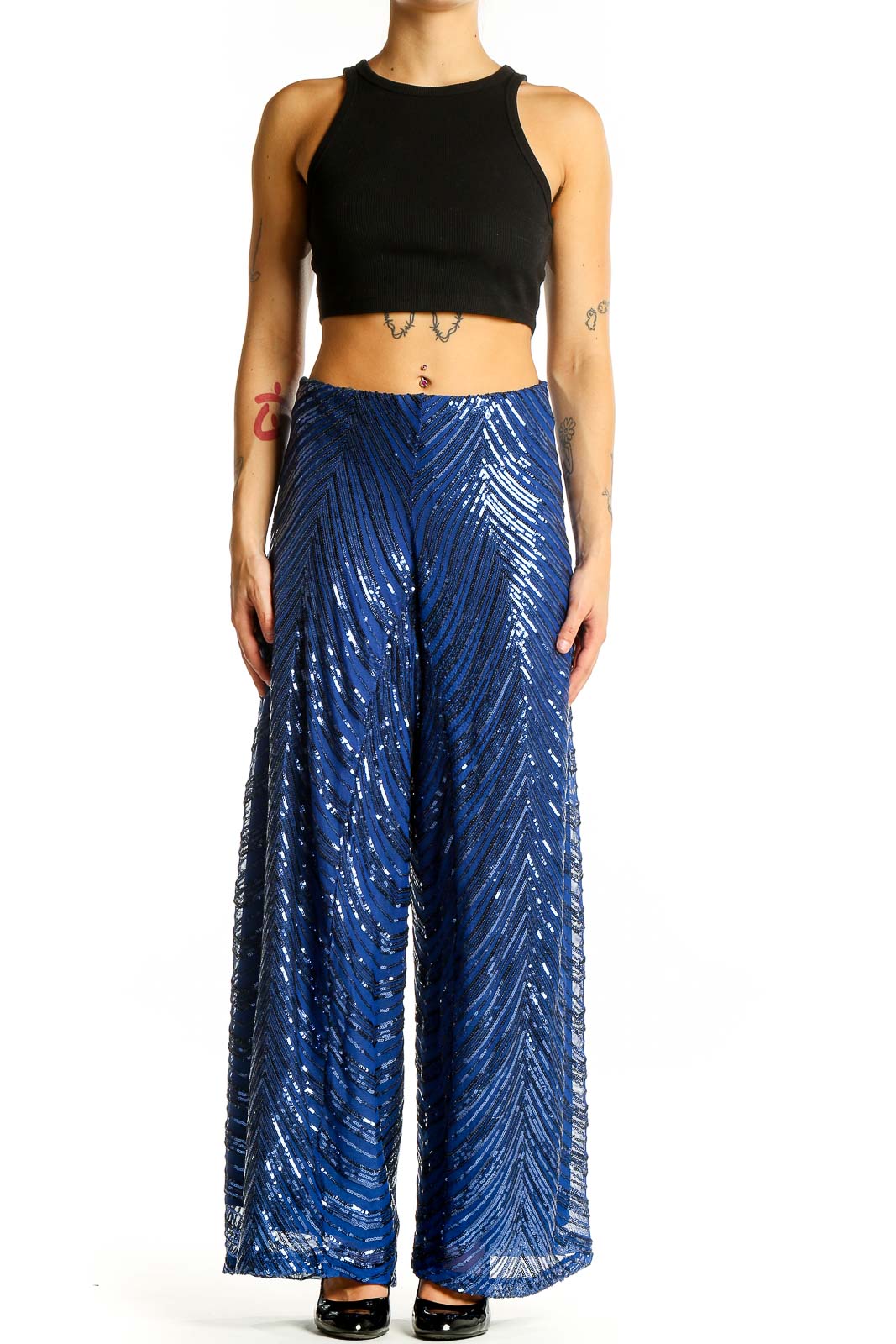 Front view of Eloquii blue sequin wide-leg palazzo pants with chevron pattern