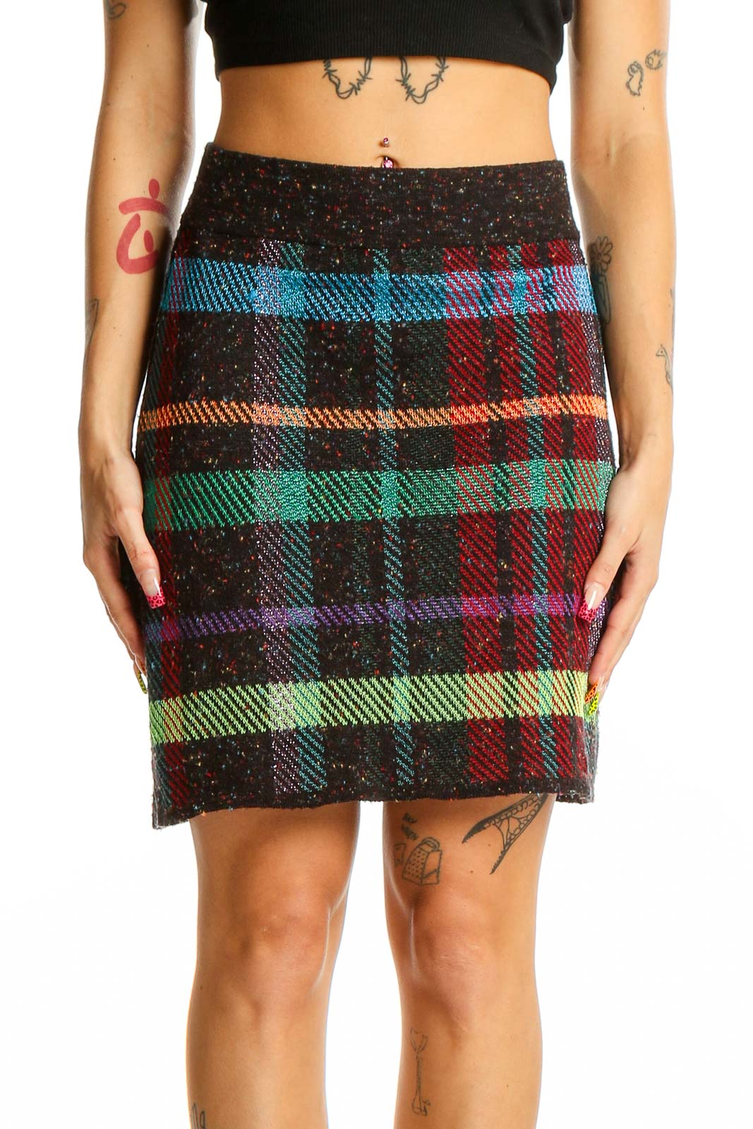 Front view of Cecilia Prado multicolor plaid knit mini skirt