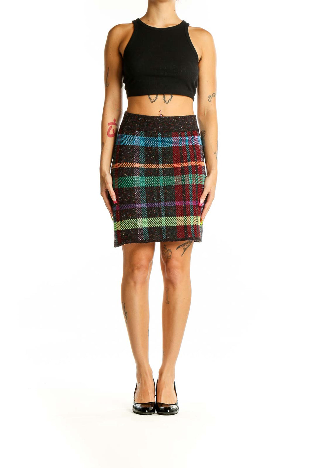 Front view of Cecilia Prado multicolor plaid knit mini skirt