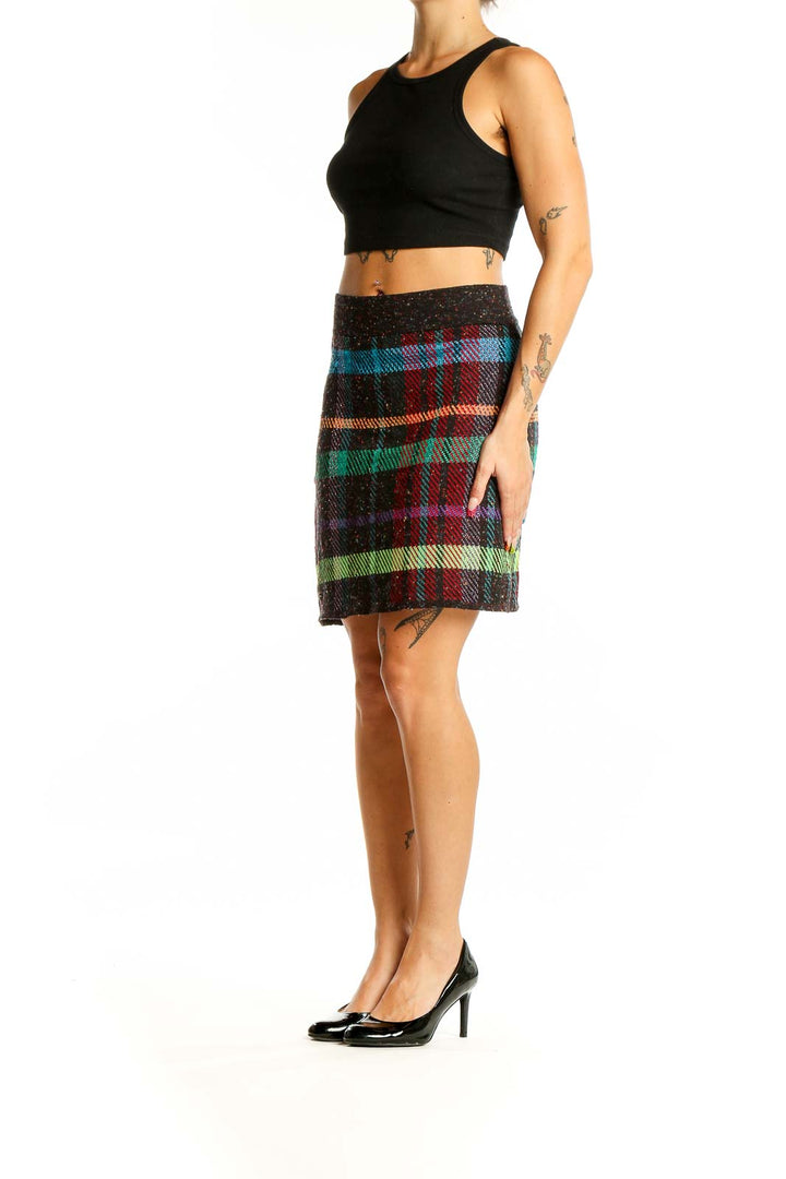 Front view of Cecilia Prado multicolor plaid knit mini skirt