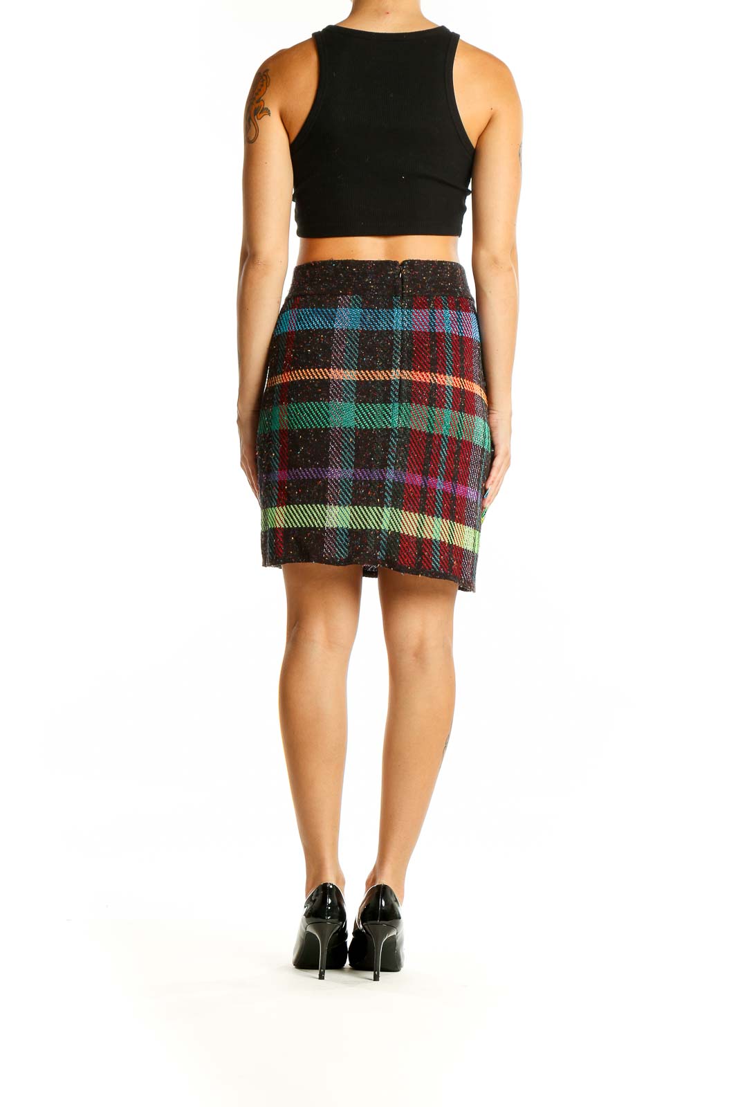 Back view of Cecilia Prado multicolor plaid knit mini skirt