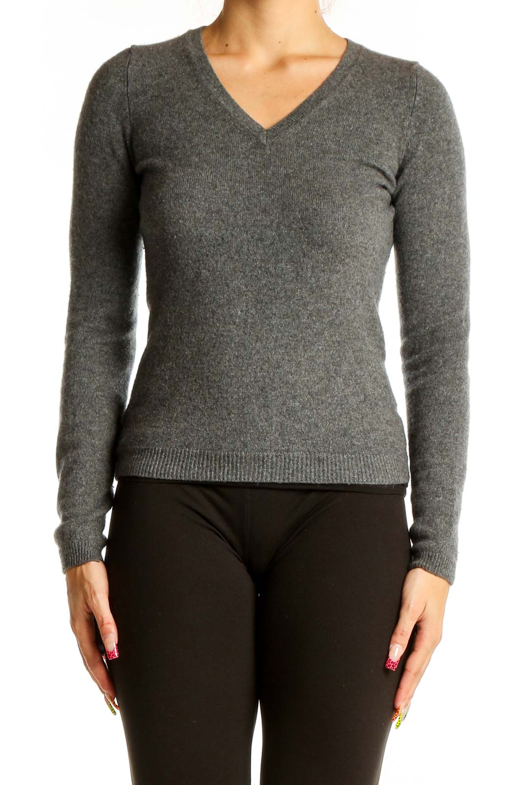 Front view of gray V-neck cashmere sweater from Bloomingdale's