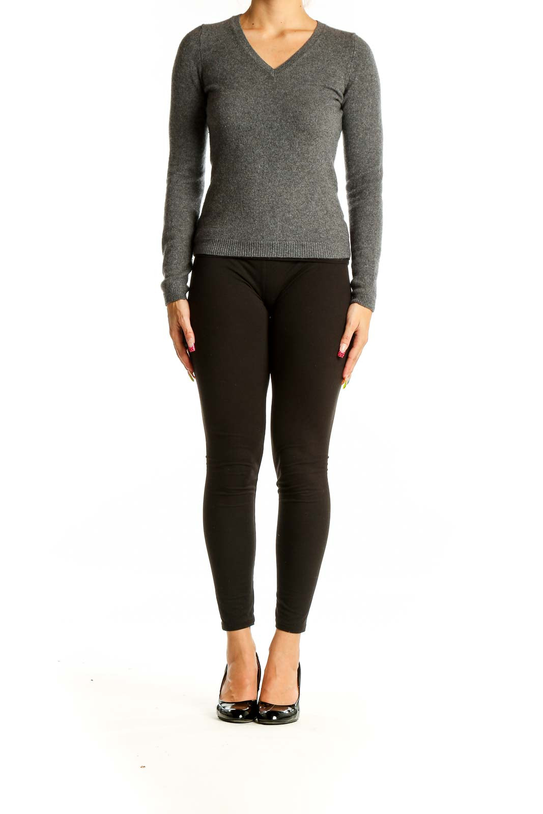 Front view of gray V-neck cashmere sweater from Bloomingdale's