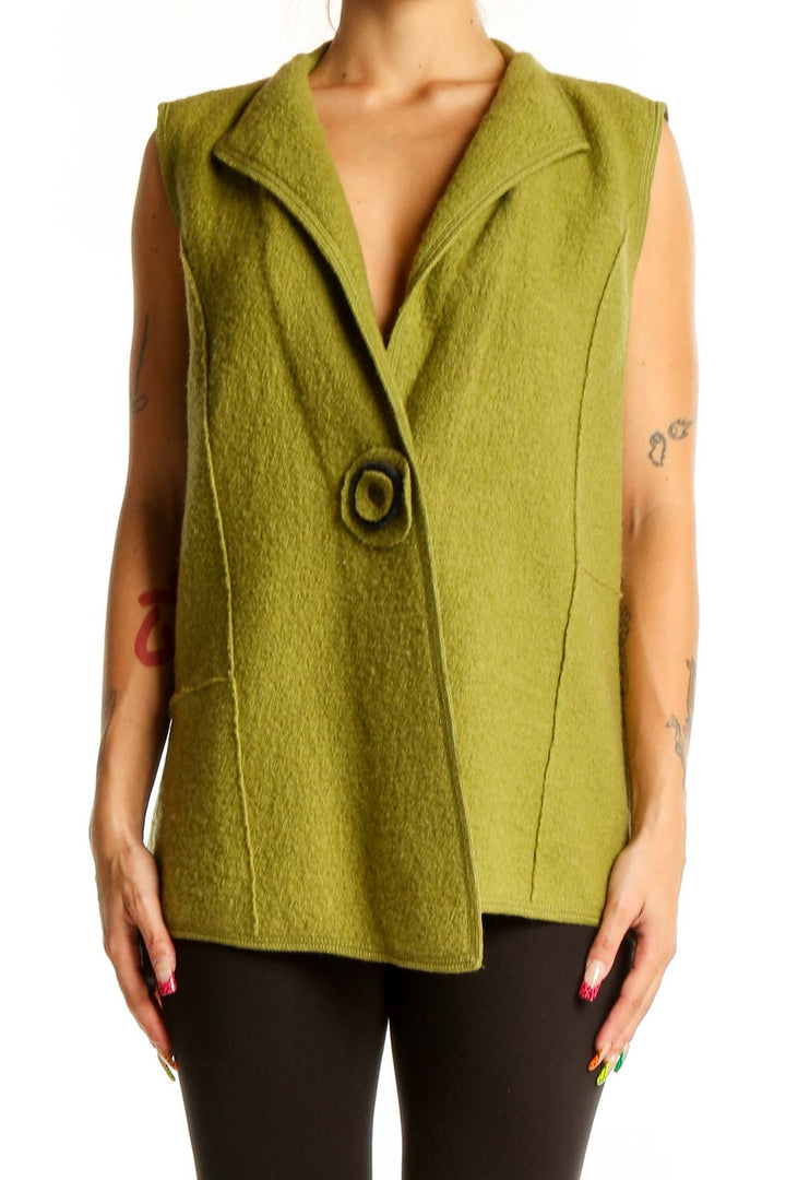 Front view of olive wool sleeveless vest by NTCO Nomadic Traders