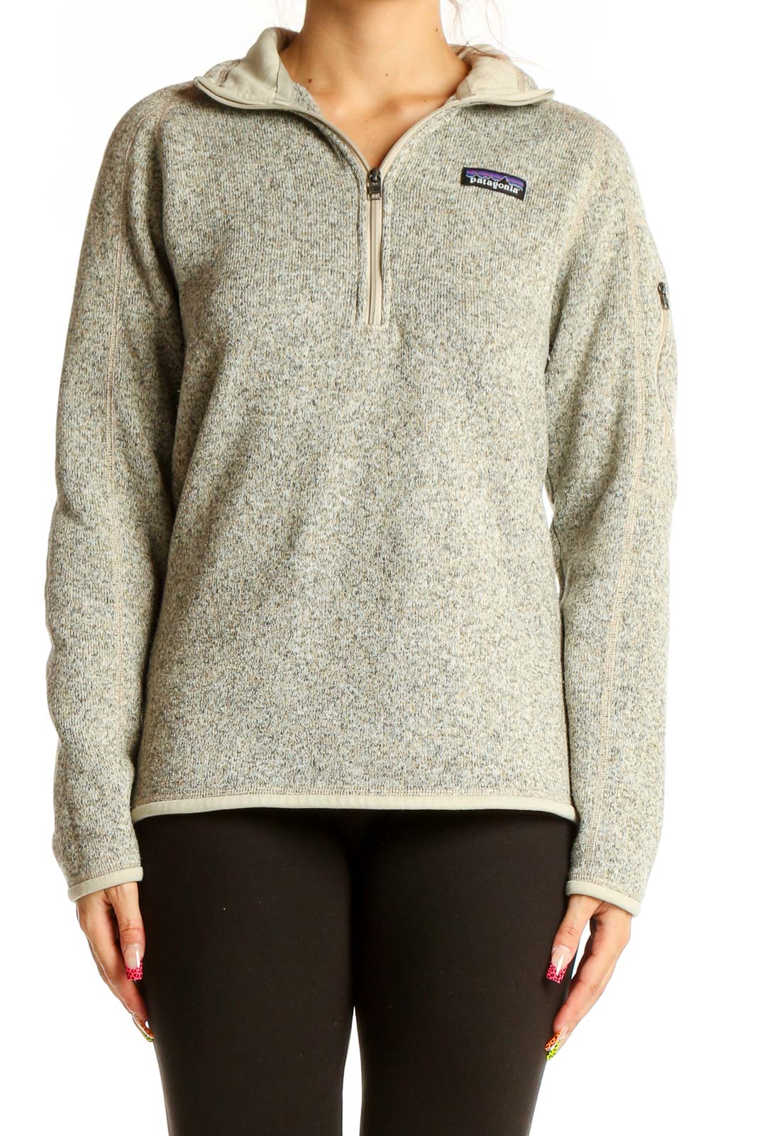 Front view of Patagonia oatmeal heather quarter-zip fleece pullover