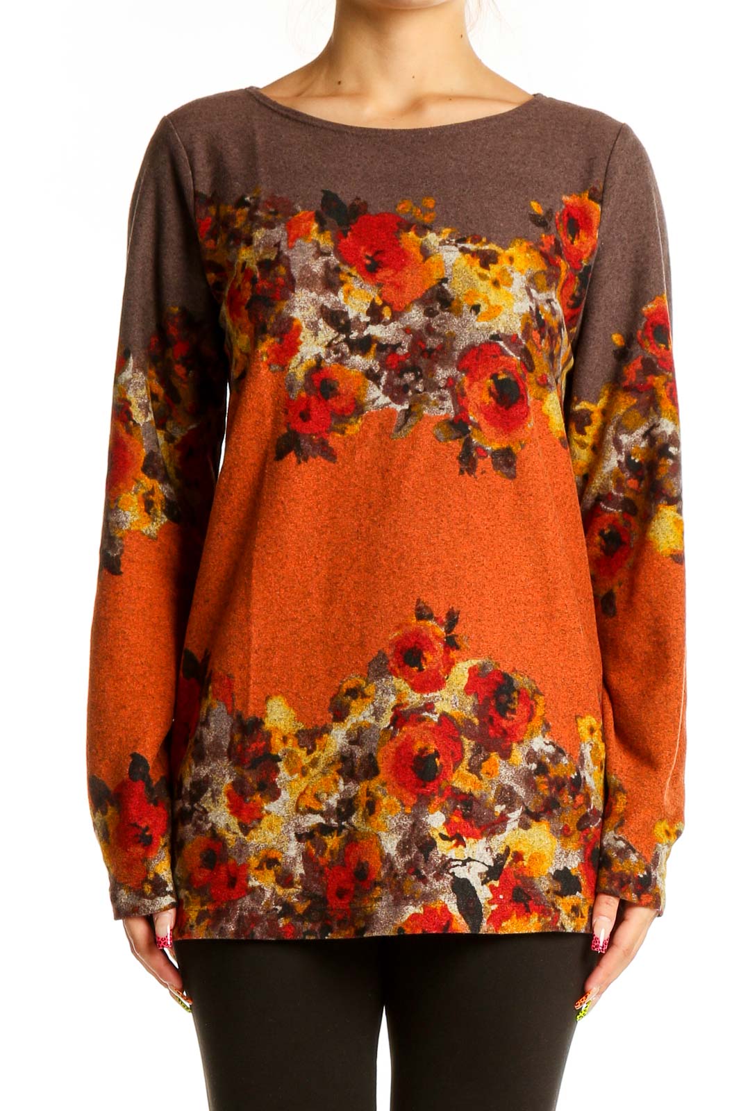 Front view of SimontonSays orange floral print long sleeve knit top