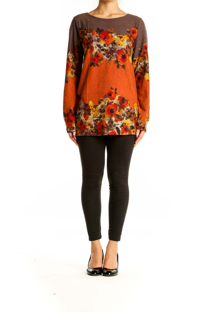 Front view of SimontonSays orange floral print long sleeve knit top