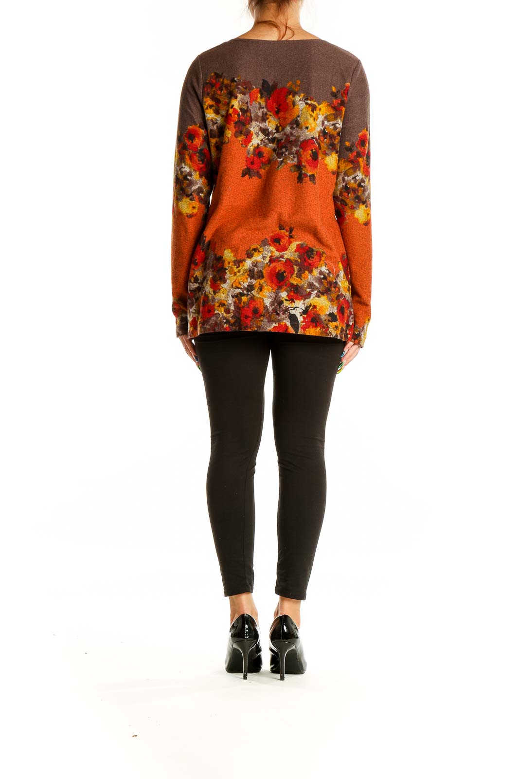 Back view of SimontonSays orange floral print long sleeve knit top