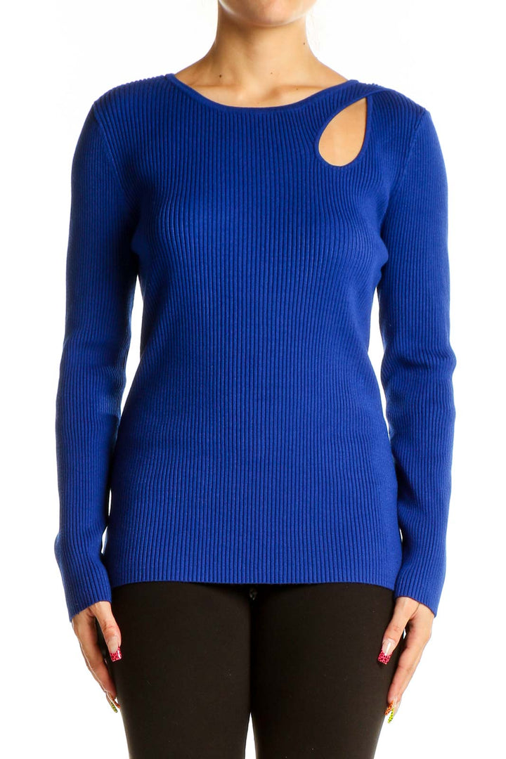 Front view of INC Royal Blue Ribbed Cutout Sweater on model