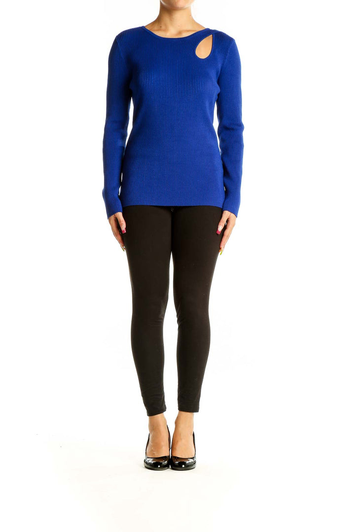 Front view of INC Royal Blue Ribbed Cutout Sweater on model