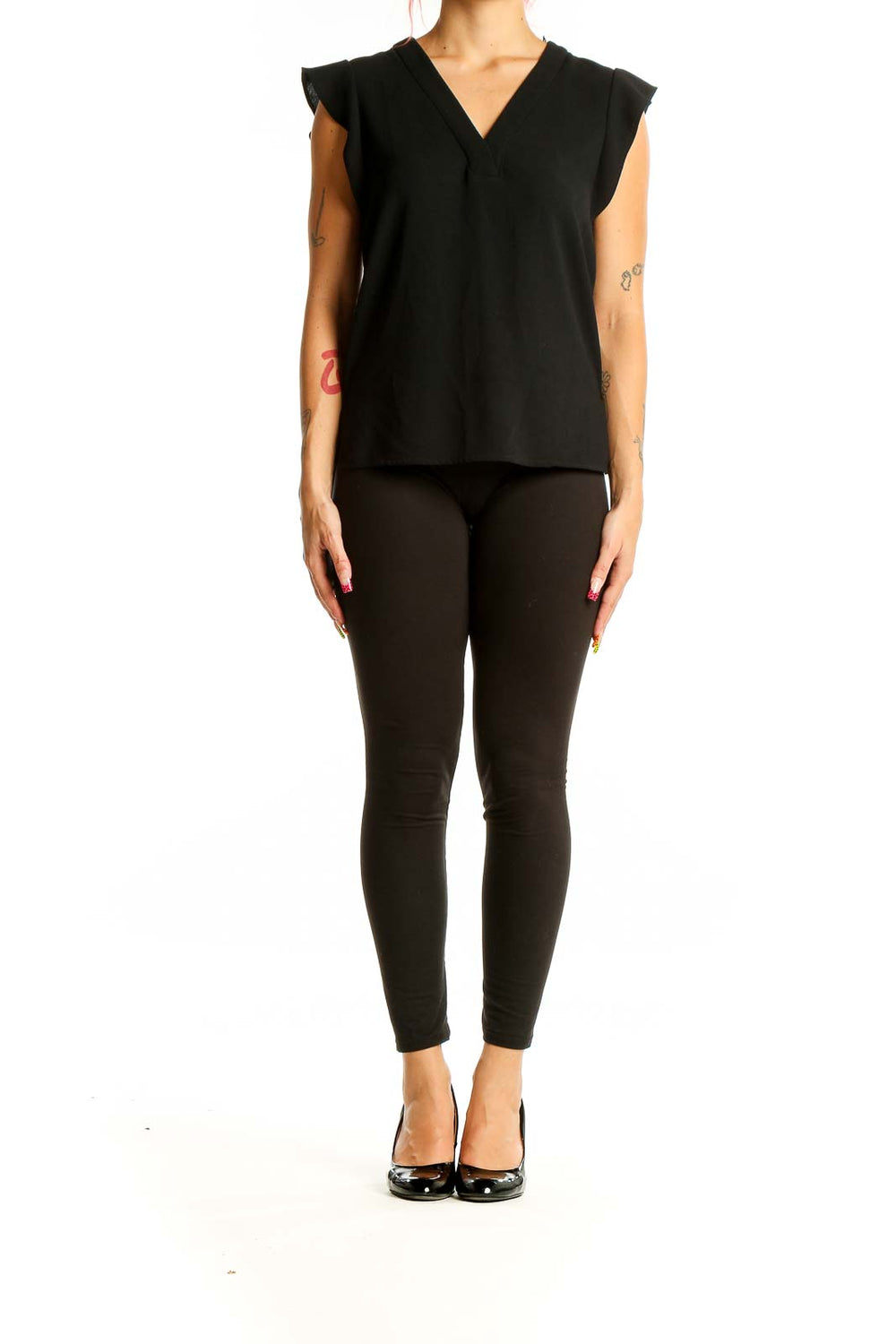 Front view of Zara black V-neck blouse with cap sleeves