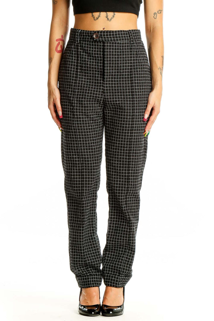 Front view of 14th & Union black grid pattern trousers with straight leg design