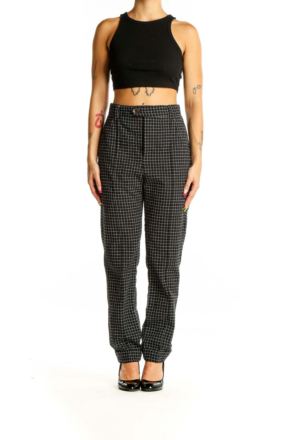 Front view of 14th & Union black grid pattern trousers with straight leg design