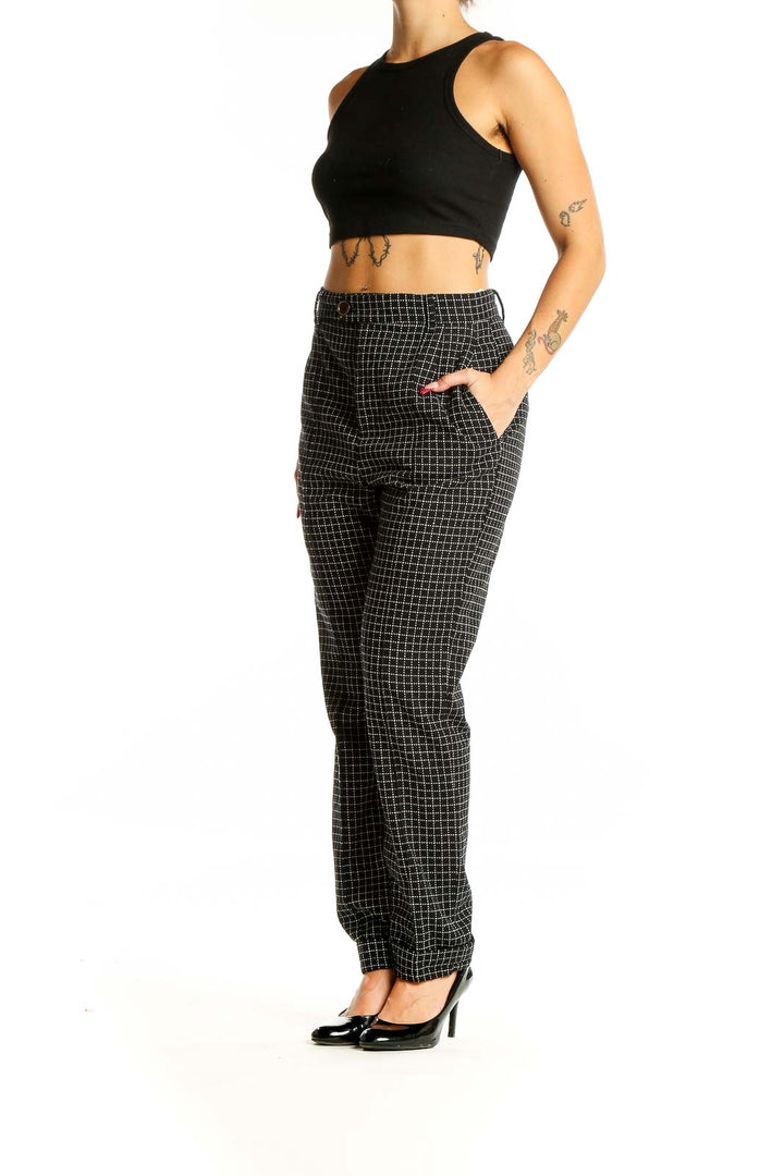 Front view of 14th & Union black grid pattern trousers with straight leg design