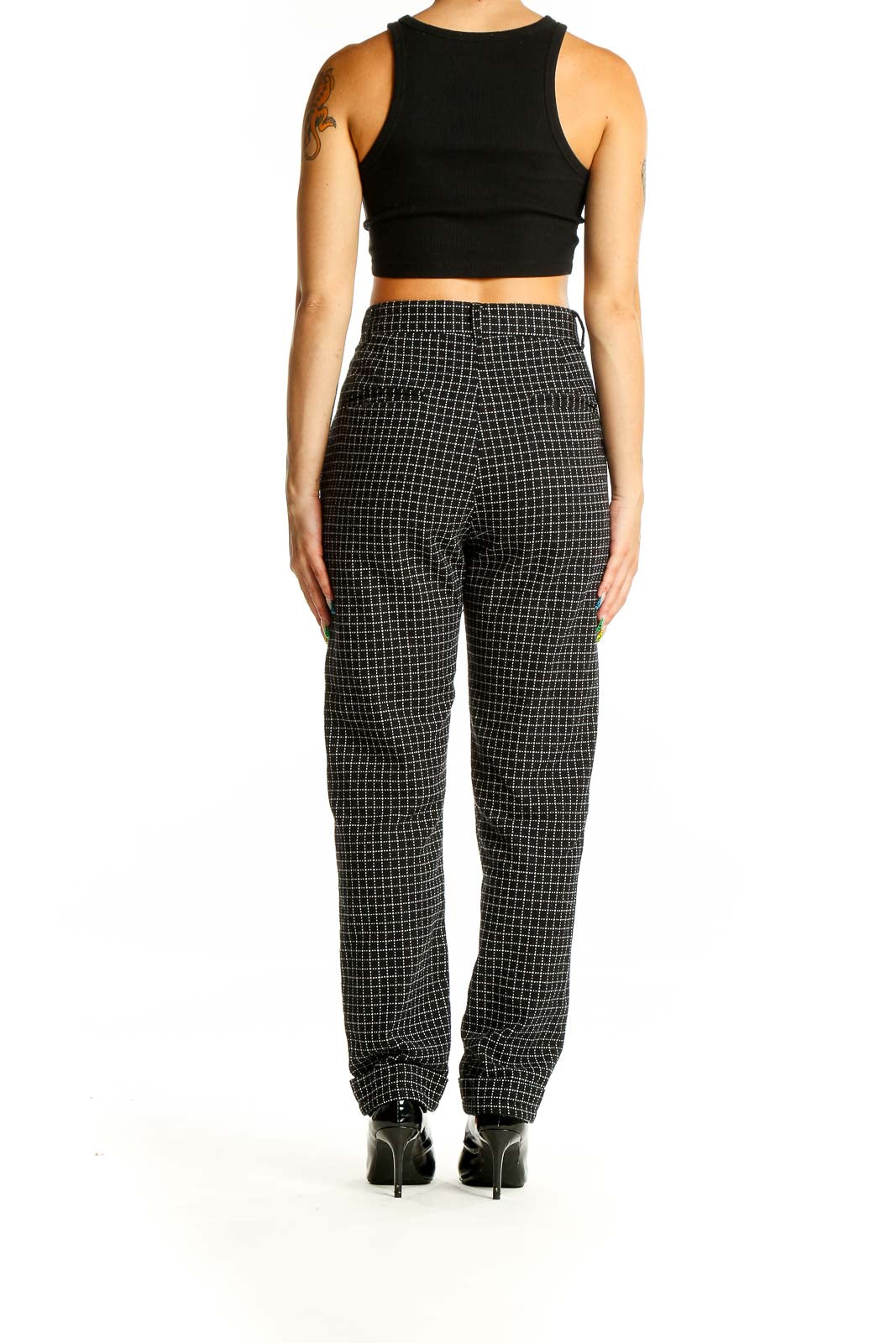 Back view of 14th & Union black grid pattern trousers showing high-waisted fit