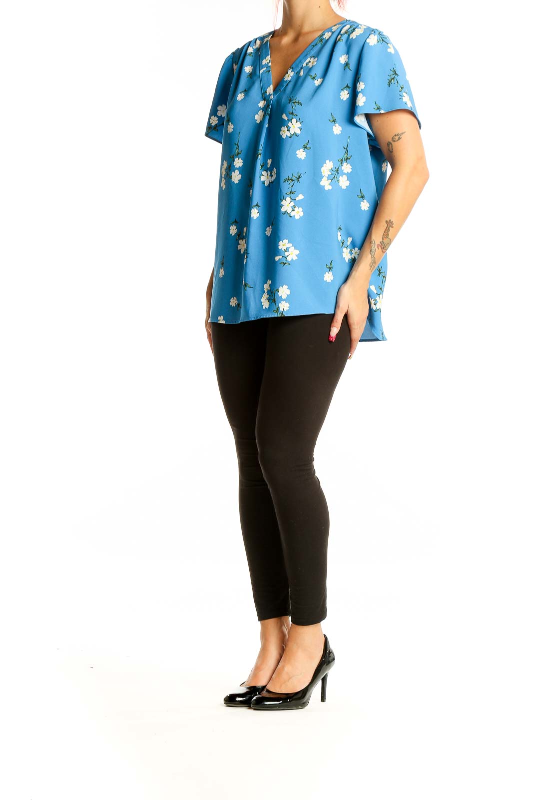 Front view of Hilary Radley blue floral V-neck blouse with short sleeves